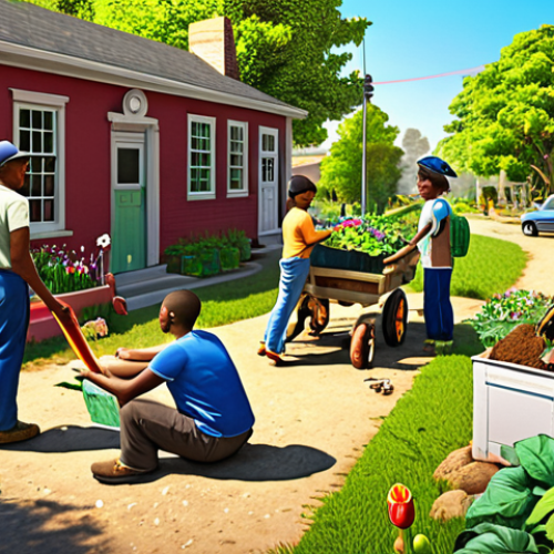 Home 6 **Image Prompt:** A vibrant community scene depicting people sharing resources like tools, a garden, and transportation, under a bright sun. The style should be hopeful and collaborative, illustrating "Prosperity through Collaboration." Include elements that suggest sustainability and a sense of shared responsibility.