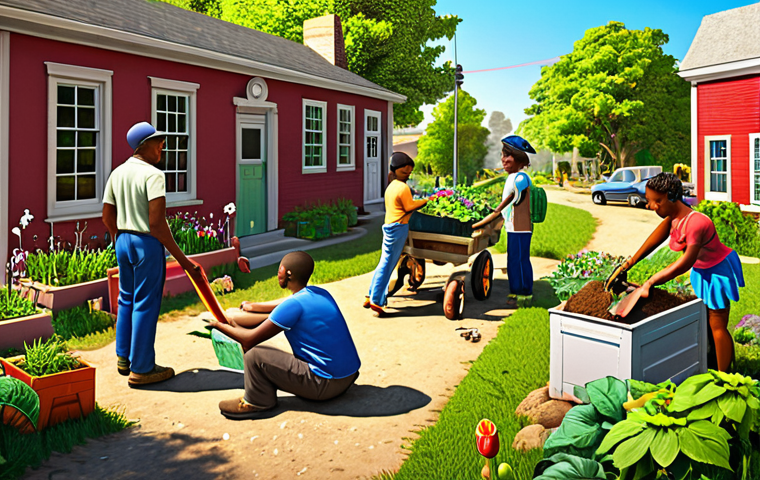 **Image Prompt:** A vibrant community scene depicting people sharing resources like tools, a garden, and transportation, under a bright sun. The style should be hopeful and collaborative, illustrating "Prosperity through Collaboration." Include elements that suggest sustainability and a sense of shared responsibility.