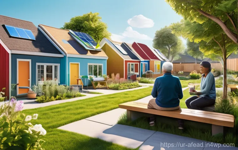 미래 도시에서의 공동체 생활 - **Prompt 1: Future Neighborhoods - Smart Homes, Real Connections**
    A vibrant, sunlit, futuristic...