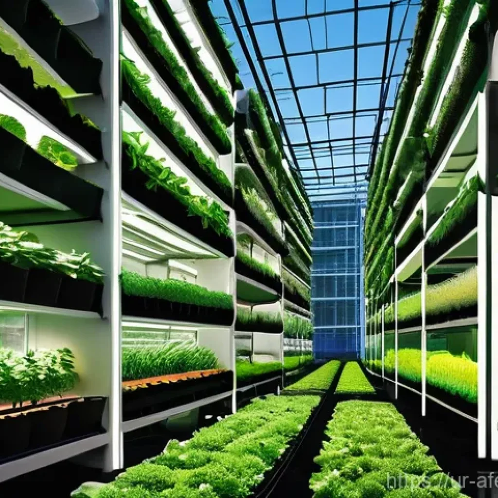 미래 공동체의 농업 혁신 - **Prompt:** A vibrant, futuristic urban vertical farm integrated into a bustling modern cityscape. I...