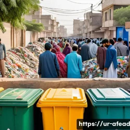 미래 공동체에서의 자원 재활용 - A vibrant community recycling center in an urban neighborhood of Karachi, Pakistan, bustling with di...