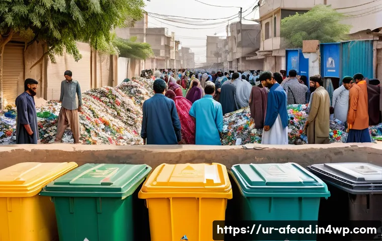 미래 공동체에서의 자원 재활용 - A vibrant community recycling center in an urban neighborhood of Karachi, Pakistan, bustling with di...