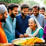 정신 건강과 공동체의 상관관계 - A warm, vibrant community gathering in a traditional South Asian neighborhood in Pakistan, featuring...