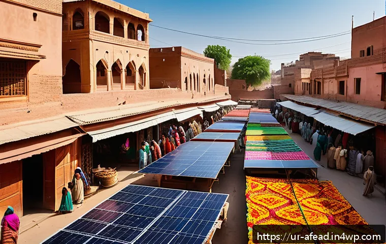 미래 공동체의 경제적 측면 - A vibrant community marketplace scene in a small Pakistani town featuring diverse local artisans and...