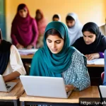공동체 형성을 위한 교육 프로그램 - A vibrant community education workshop scene in a small Pakistani town, showing diverse adults activ...