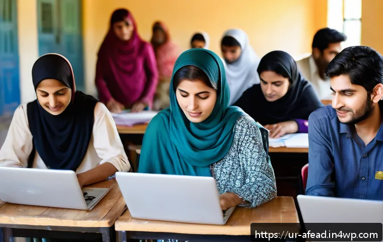 공동체 형성을 위한 교육 프로그램 - A vibrant community education workshop scene in a small Pakistani town, showing diverse adults activ...